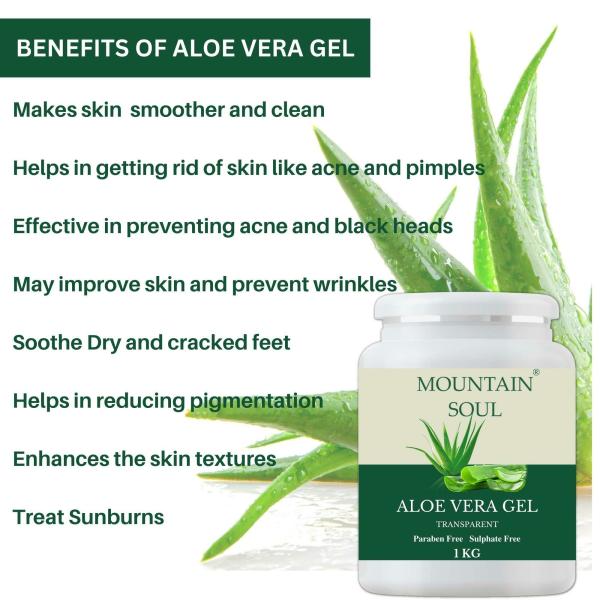 Mountain Soul Aloe Vera Gel 1kg Ideal for Skin, Face, Acne Scars, Paraben Free Sulphate Free