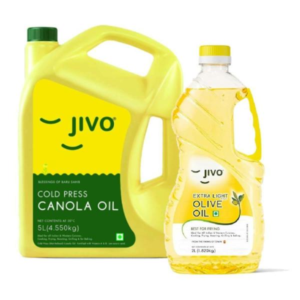 Jivo Canola Cold Press Edible Oil 5L with Jivo Extra light Olive Oil 2L Pack of 2 JioMart