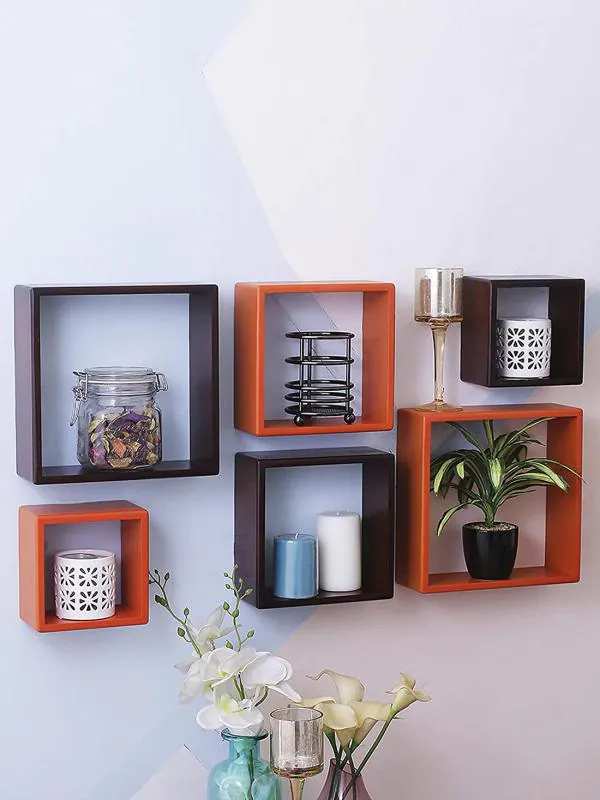 Home Sparkle Brown Orange Engineered, Square Wood Shelves Set