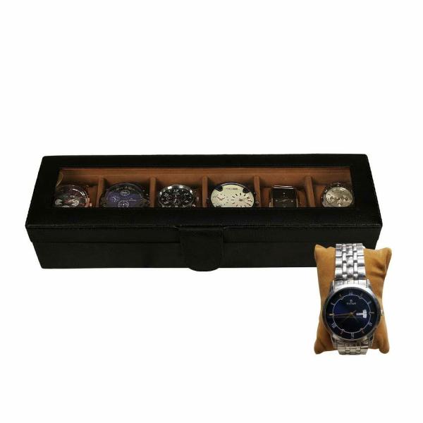 Leather World 6 Slot PU Leather Men Watch Box Display Case Organizer
