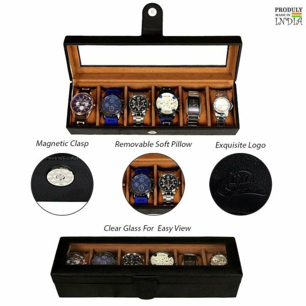 Leather World 6 Slot PU Leather Men Watch Box Display Case Organizer
