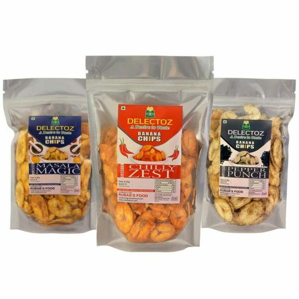 DELECTOZ Chilly Zest,Masala Magic And Pepper Punch Flavor Banana Chips Pack Of 3(200gram Each