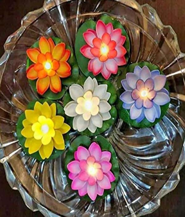 X4Cart Multicolor Water Floating Smokeless Candles and Lotus Flowers