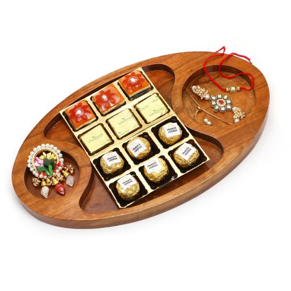 Jaiccha Rakhi GiftsChip n Dip Platter of Channa Laddoos, Bites, Roli