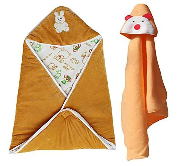 My New born Baby Fleece Hooded Blankets, Camel (Pack of 2) JioMart