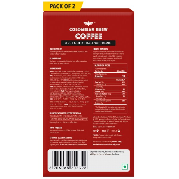 Colombian Brew Hazelnut Café Latte, Instant Coffee Powder Premix (3 in