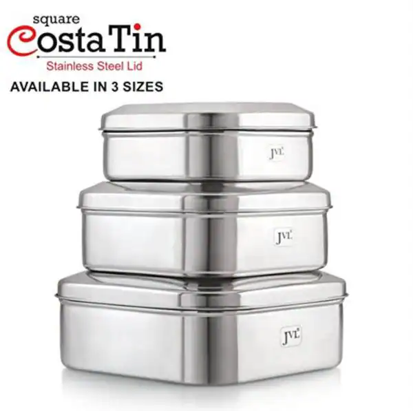 JVL Silver Stainless Steel Costa Square Shape Container Box With See