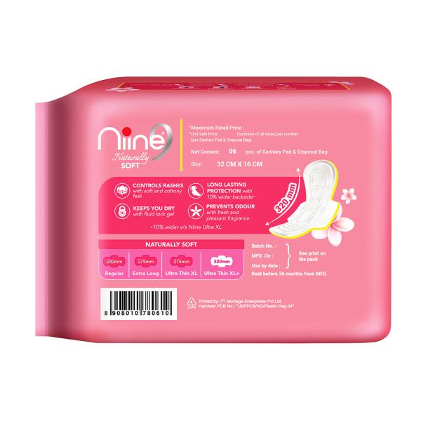 Niine Naturally Soft Ultra Thin XL+ Sanitary Napkins for Heavy Flow (Pack of 9) 54 Pads with