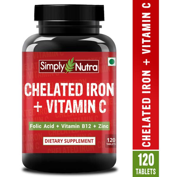 Simply Nutra Chelated Iron with Vitamin C, B12, Zinc and Folic Acid Health Supplement 120