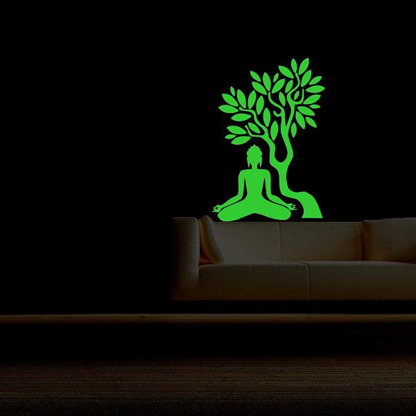 DreamKraft Green Vinyl Glow In Dark Radium Meditating Buddha Under Tree Wall Sticker 27x19 cm