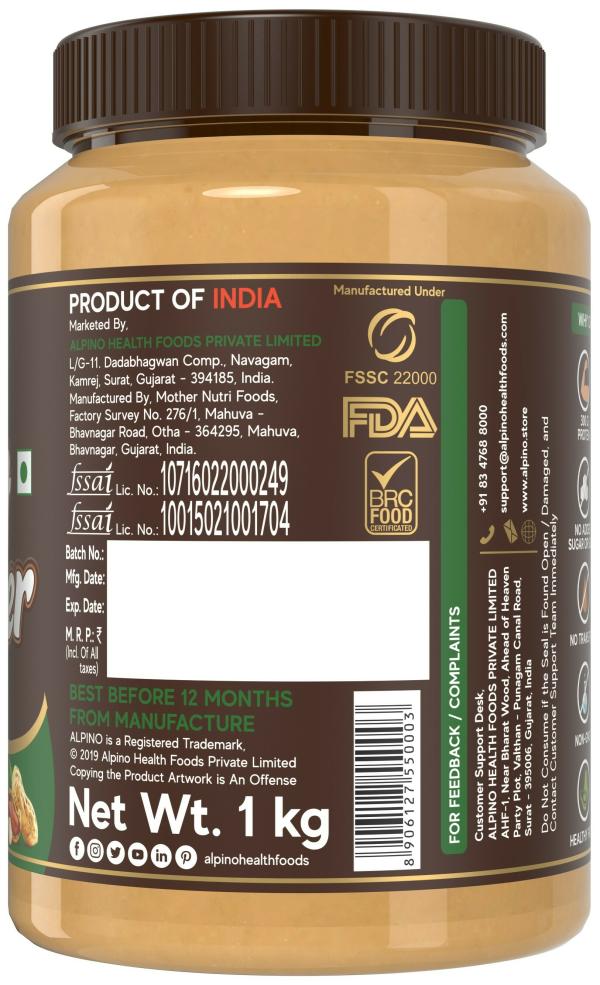 Alpino Natural Peanut Butter Smooth 1 KG Unsweetened 30 G Protein