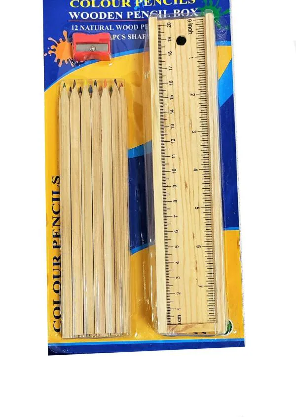 Preili's Wooden Pencil Set Box with 12 Different Crayon Colour