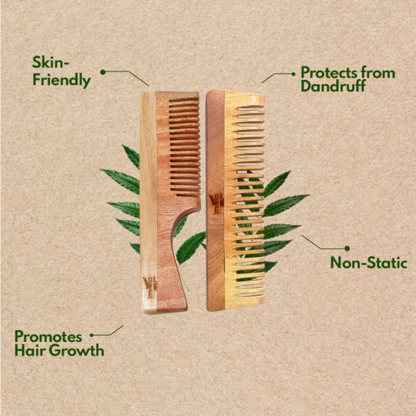 Imvelo Neem Wooden Combs 1 Fine + 1 Wide Tooth Combs for Hair Growth
