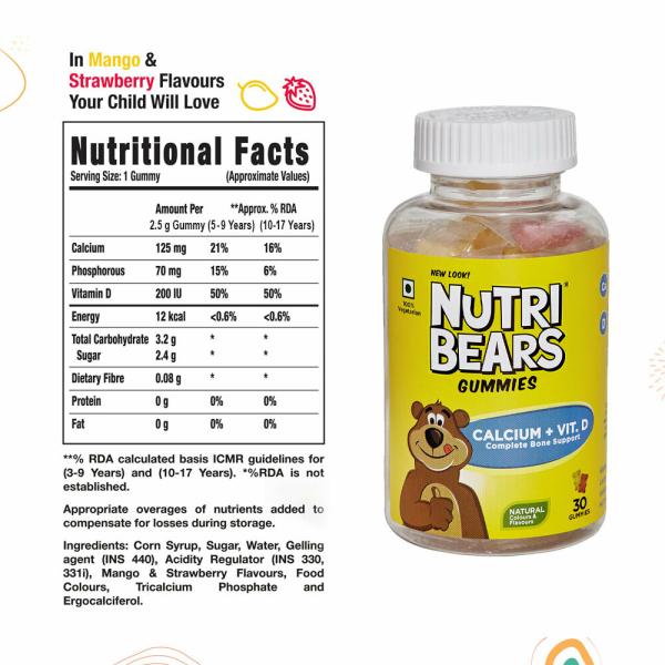 NutriBears Calcium with Vitamin D Gummies for Kids and Teens 30 Gummies