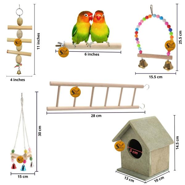 Sage Square Wooden Bird Toys Combo Bird House Ladder Perch Swing