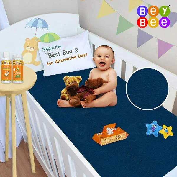 BeyBee Dark Sea Blue Waterproof Baby Bed Protector 140 cm x 100 cm