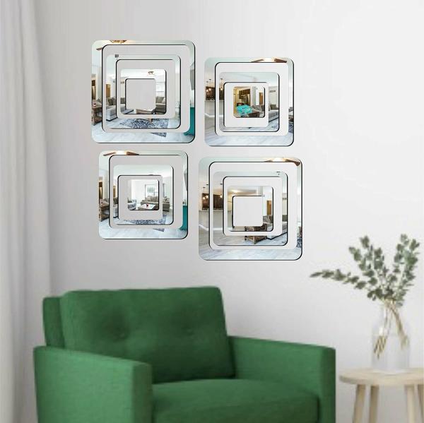 Look Decor Square Silver 3D Acrylic Mirror Wall Sticker (Pack Of 12