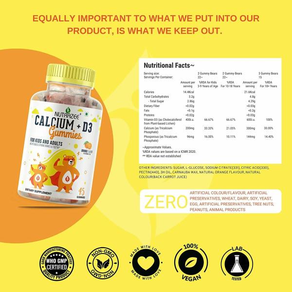 Nutrazee Calcium + Vitamin D3 Gummies For Kids & Adults, 45 Gummy Bears