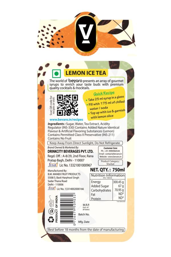 BEVARO Lemon Ice Tea Syrup, 750 ml, Contains Natural Tea Extracts