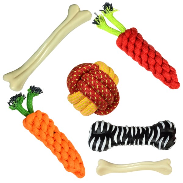 Jazzy Hood Natural Rubber Dog Toys Non Toxic Rubber And Cotton Ball, Bone, Carrot Combo Toy for