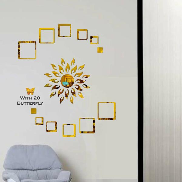 Look Decor Golden Sun Flame Square With Butterfly Golden 3D Acrylic
