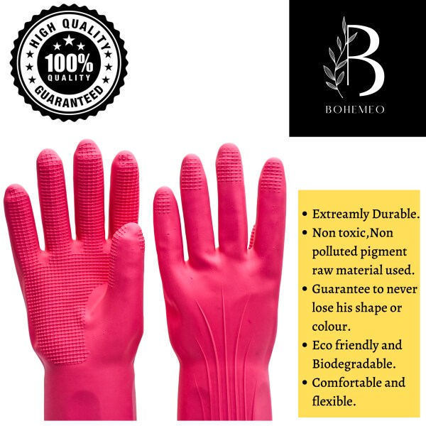 BOHEMEO Non Toxic Latex Biodegradable AntiMicrobial 14.5" Long Gloves, Medium, 1 Pair, Pink