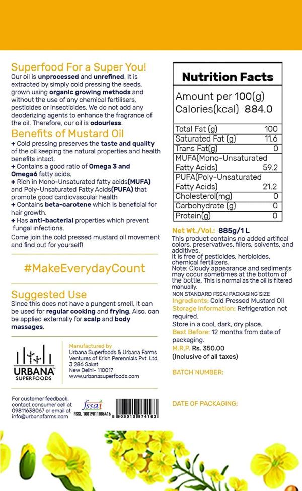 Urbana Superfoods Cold Pressed Additive Free Odourless Mustard Oil 1