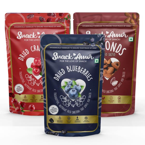 SnackAmor Combo Pack of International Dried Cranberries, Blueberries