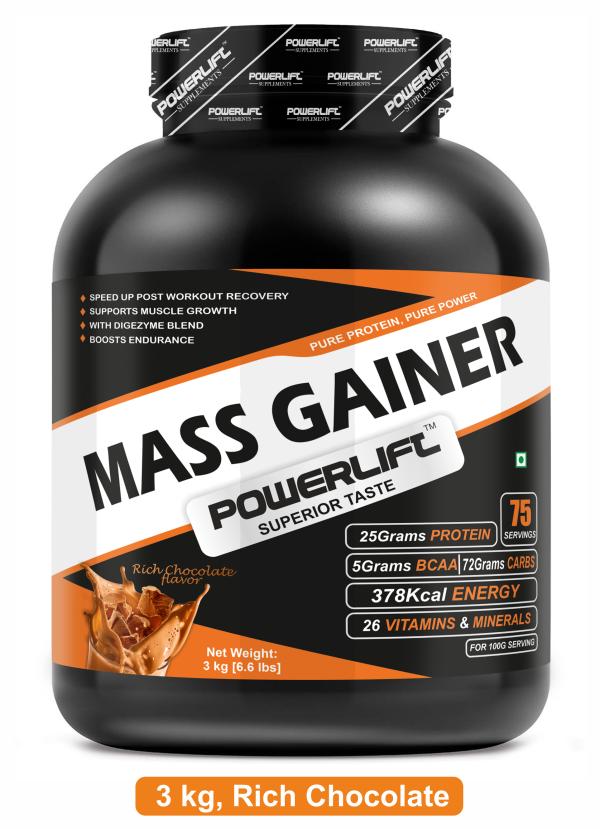 PowerLift Muscle Mass Gainers Protein Powder (3kg, Rich Chocolate) High Protein Mass and Weight