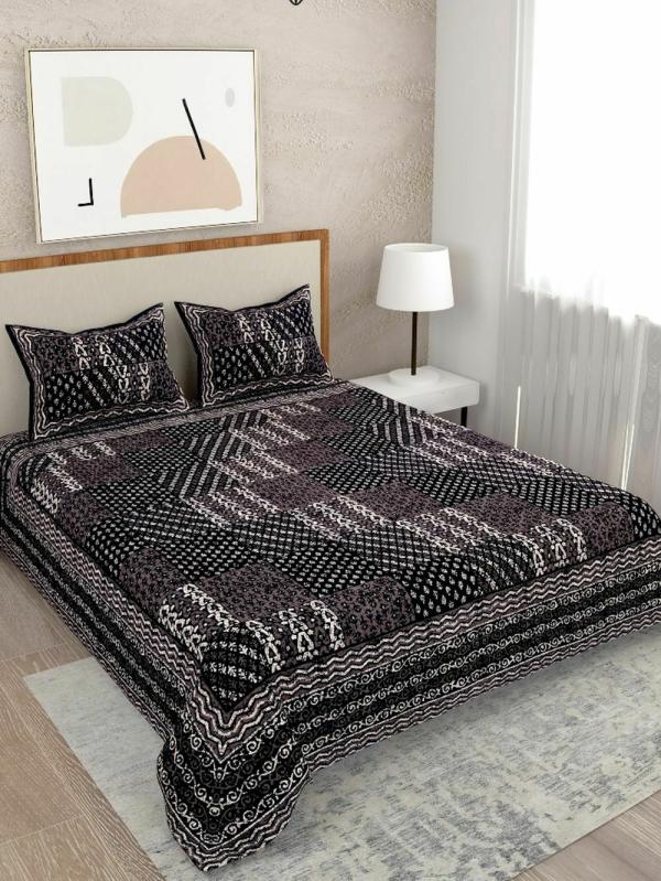 Salona Bichona 100 Cotton Black Geometric Printed Double Bedsheet Set (220X250cm) JioMart
