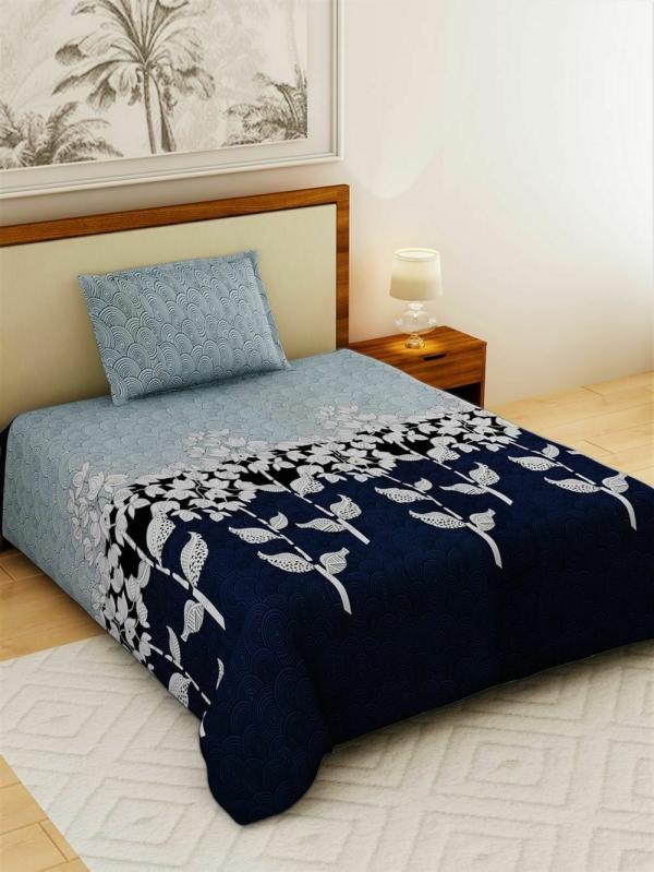 Salona Bichona 100 Cotton Blue Floral Printed Single Bedsheet Set