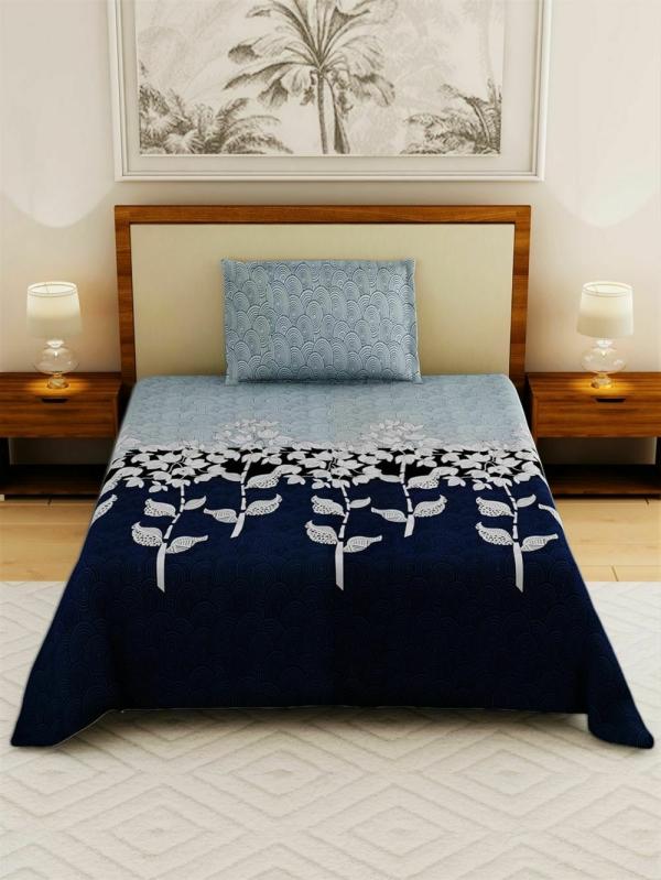 Salona Bichona 100 Cotton Blue Floral Printed Single Bedsheet Set
