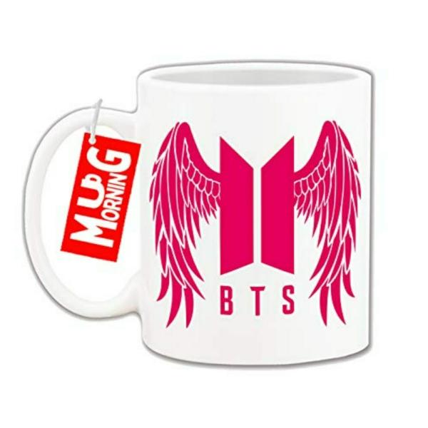 Mug Morning BTS Merchandise for Girls BTS Pink Logo with Wings on White Ceramic Mug 325ml (White