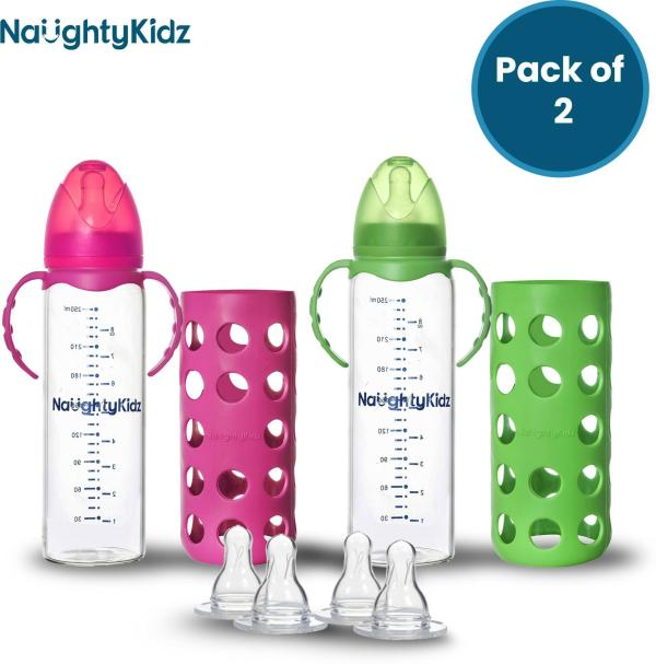 Naughty Kidz Pink and Green Baby Feeding Bottle 250ml Pack of 2 JioMart