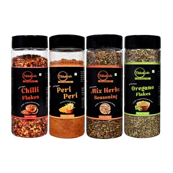 Tikhalwale Herbs Combo of 4Large (Chilli Flakes,Peri Peri Masala,Mix