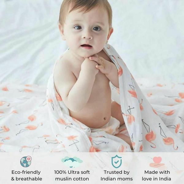 Elementary Organic Cotton Muslin Swaddle Wrapper Flamingo Feather & Hot