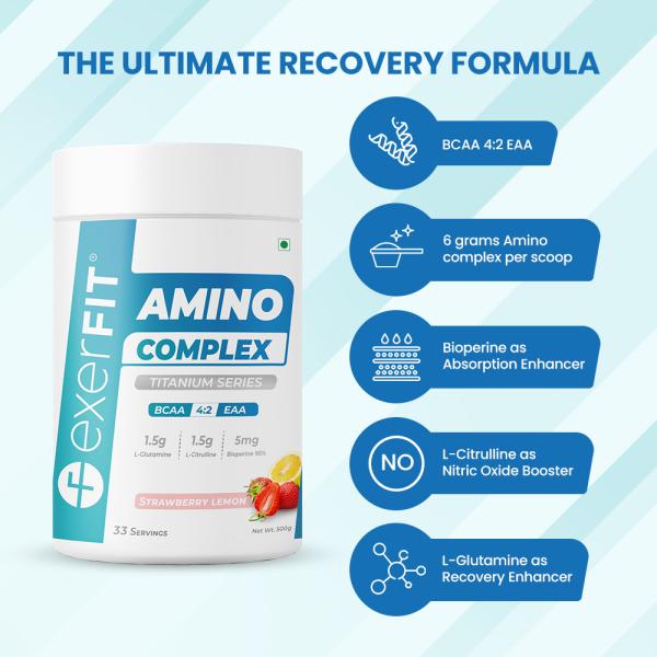 Exerfit Aminos Complex Blend of BCAA and EAA Strawberry Lemon 500