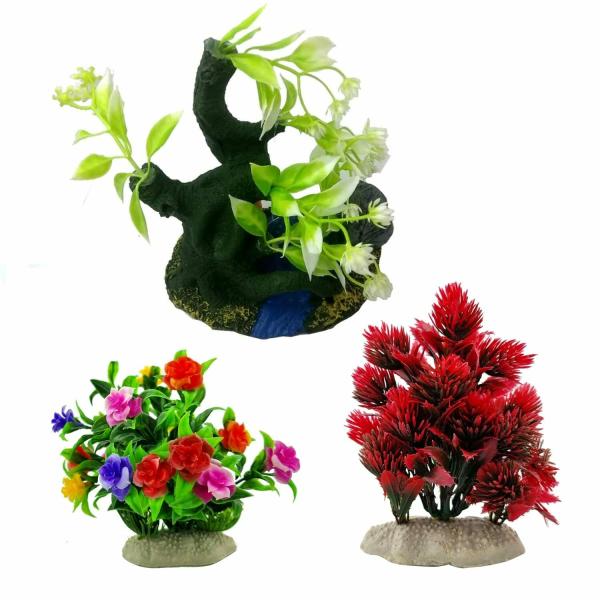 Jainsons Pet products Aquarium Fish Tank Decoration Plastic 2 Plants and 1 Aquarium Ornament