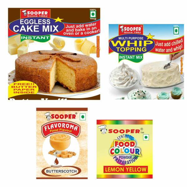 SOOPER CAKE MIX + WHIPPING CREAM + ESSENCE + COLOUR Topping Semi Solid