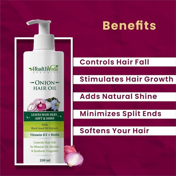 Health Veda Organics Onion Hair Oil with Vitamin D3 & Biotin for Hair fall  & Hair Growth Control | No Mineral oil, Silicones & Synthetic Fragrance  (200 ML) - JioMart