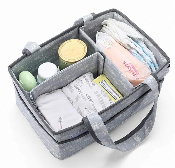 Baby Shower Gift Basket Portable Diaper Caddy Baby Wipes Clothes Striped Diaper Bag Newborn Registry Must Haves Baby Tote Organizer Nursery Storage Bin and Car Travel Organizer for Diapers 