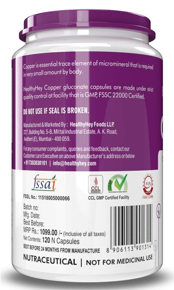 Healthyhey Nutrition Chelated Copper Gluconate 1700 Mcg, 120 Capsules