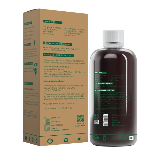 Vitro Organic Noni Juice 1L Good for Joint Support & Arthritis Lung