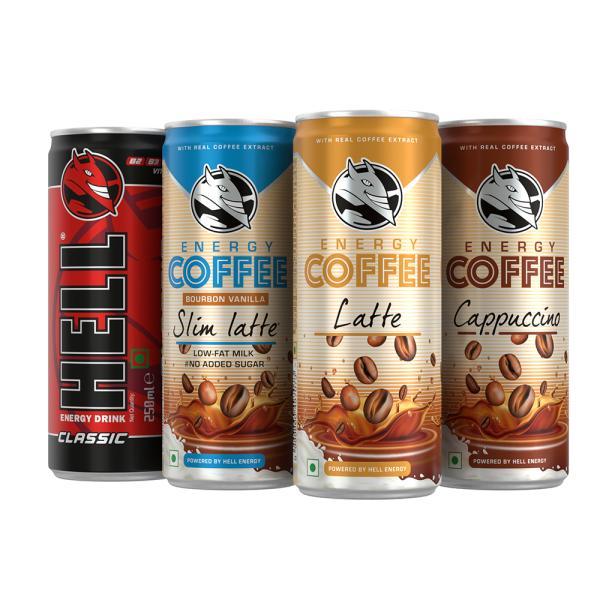 Hell Energy Drink Pack of 4 Classic 250ml + Coffee (Cappucino+ Latte