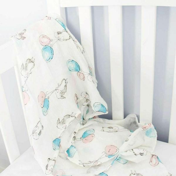 Elementary Organic Cotton Muslin Swaddle Wrappers Flying Bunny Hearts