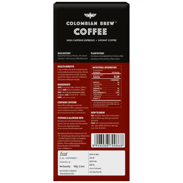 Colombian Brew High Caffeine Espresso Instant Coffee Powder, Strong