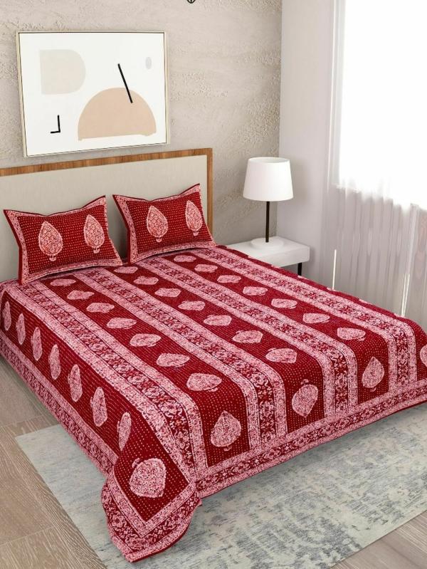 Salona Bichona 100 Cotton Red Floral Printed Double Bedsheet Set