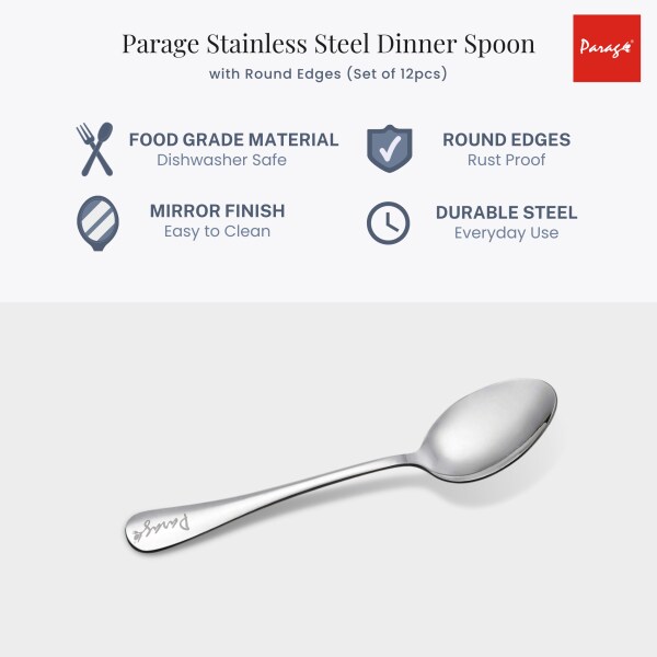 Pack of 12 Stainless Steel Dinner Spoons with Round Edge 