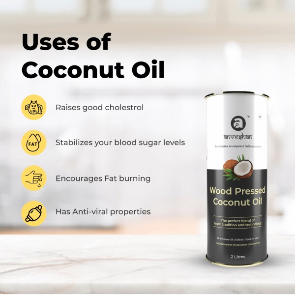 Anveshan Wood Pressed Coconut Oil 2 Litre Tin Can Kolhu/ Kacchi