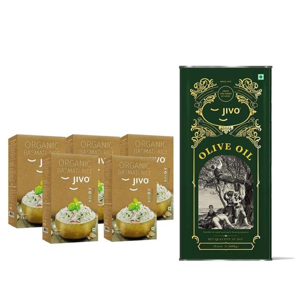 Jivo Extra Virgin Olive Oil 5L + Jivo Organic Long Grain Basmati Rice 1